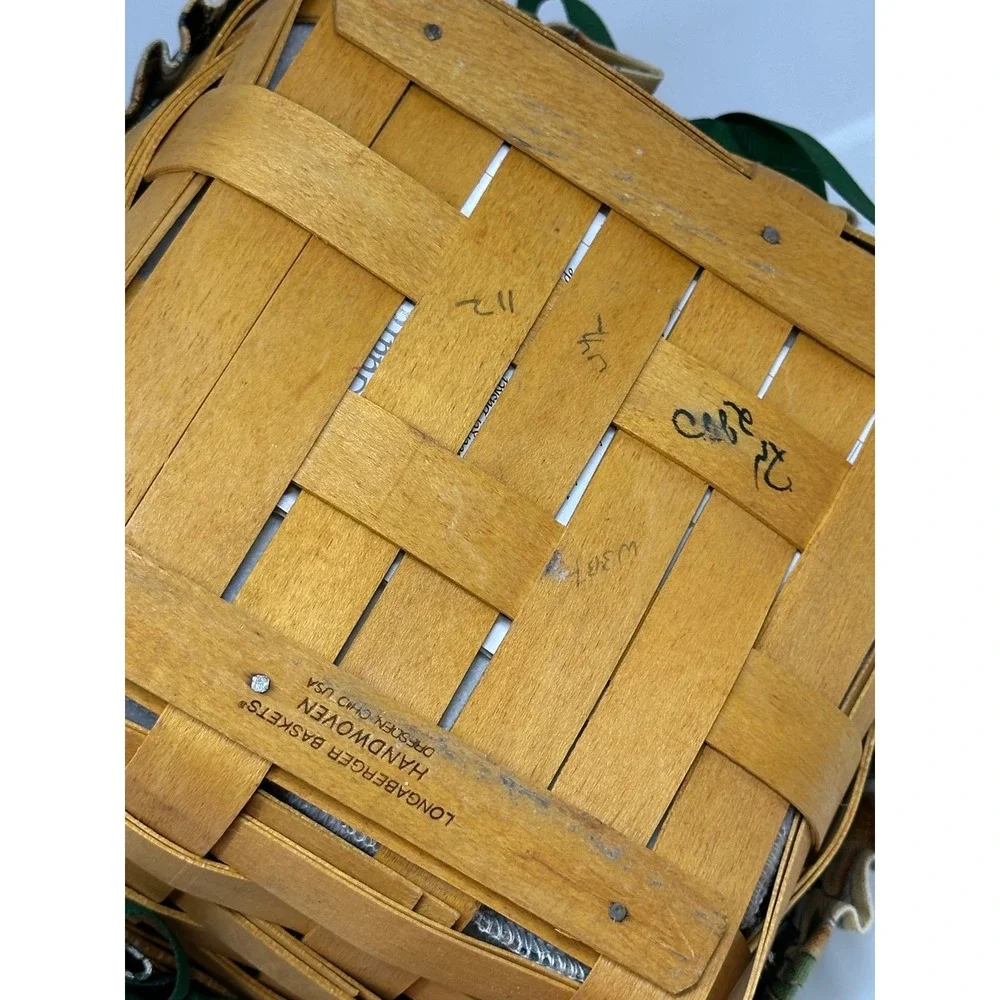 VTG Longaberger Woven Basket Brown Dresden Style Fabric Liner Plastic Protector